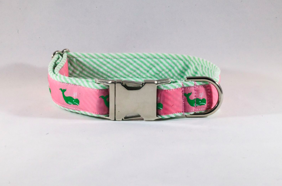 Seersucker Pink And Green Nantucket Whale Bow Tie Dog Collar