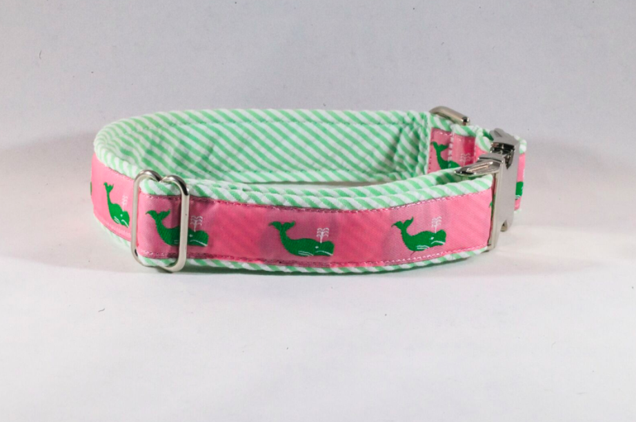 Seersucker Pink And Green Nantucket Whale Dog Collar