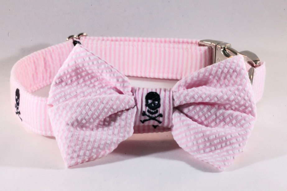 Preppy Pink Skull And Crossbones Girl Dog Bow Tie Collar