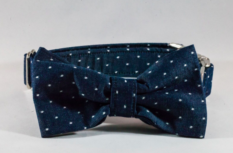 Preppy Blue Chambray Polka Dot Bow Tie Dog Collar