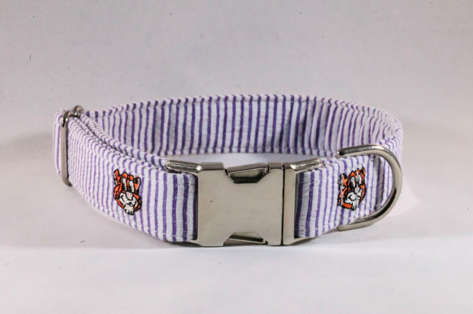 Preppy Purple And Gold LSU Tiger Seersucker Girl Dog Flower Bow Tie