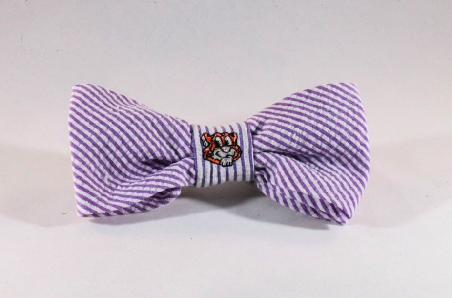 Preppy Purple And Gold LSU Tigers Seersucker Dog Bow Tie