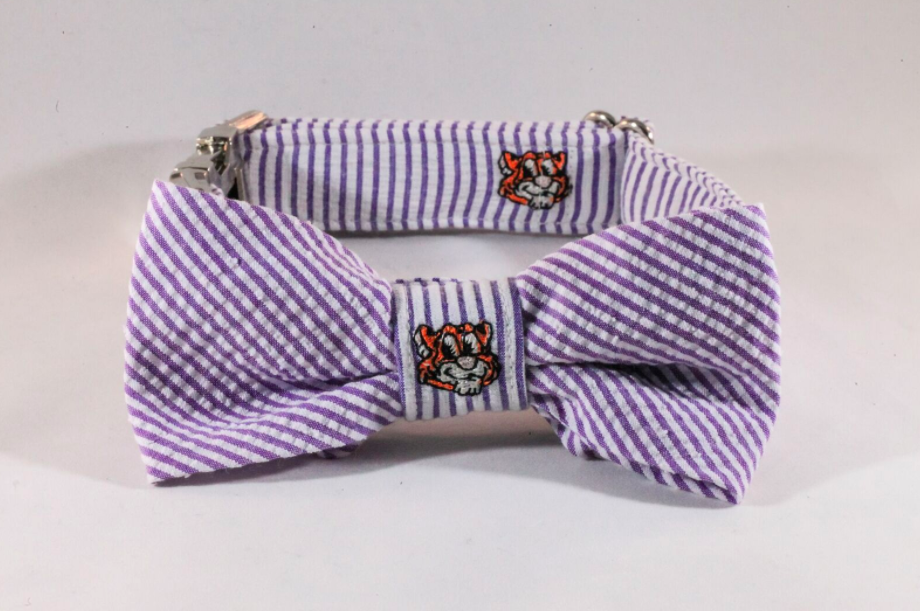 Preppy Purple And Gold LSU Tiger Seersucker Dog Bow Tie Collar