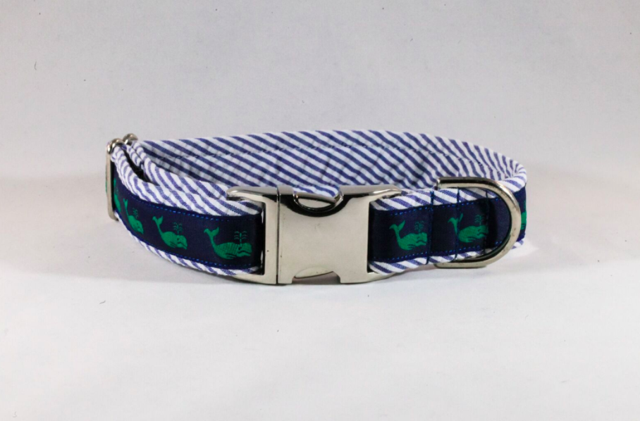 Seersucker Navy Blue Nantucket Whale Dog Collar