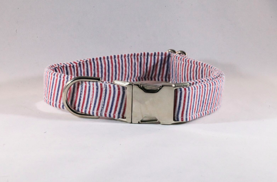 Preppy Red White And Blue Patriotic Pup Seersucker Dog Collar