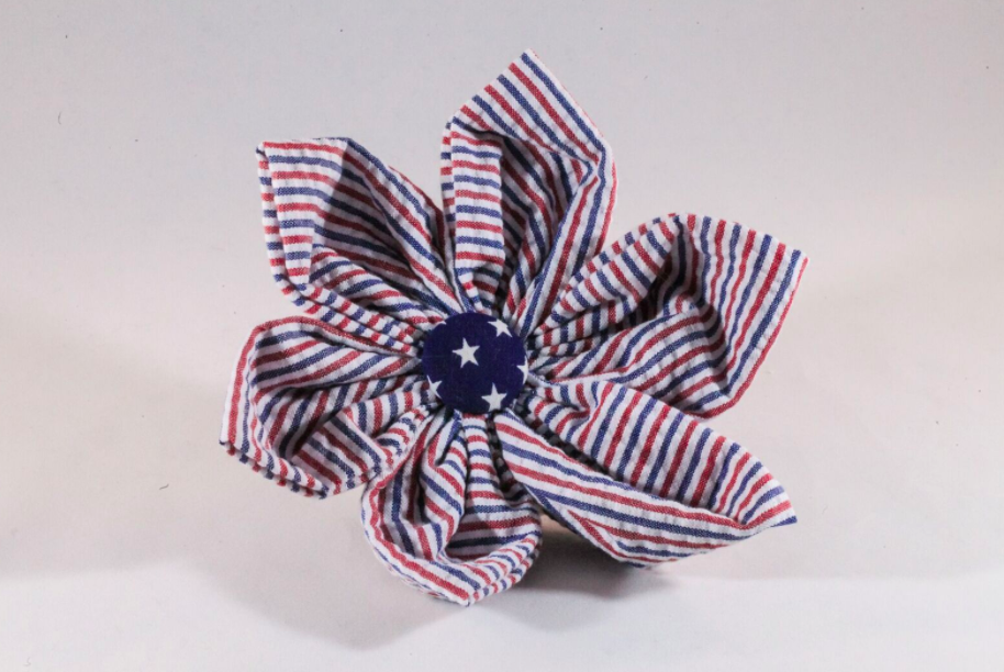 Preppy Red White And Blue Girl Dog Patriotic Seersucker Flower Bow Tie