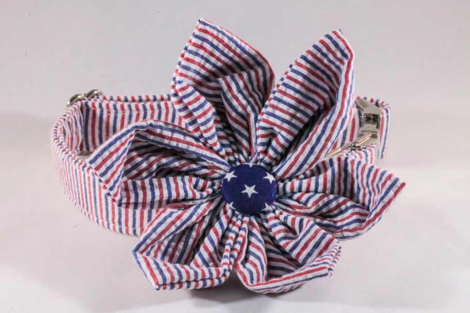 Preppy Red White And Blue Girl Dog Patriotic Seersucker Flower Bow Tie Dog Collar