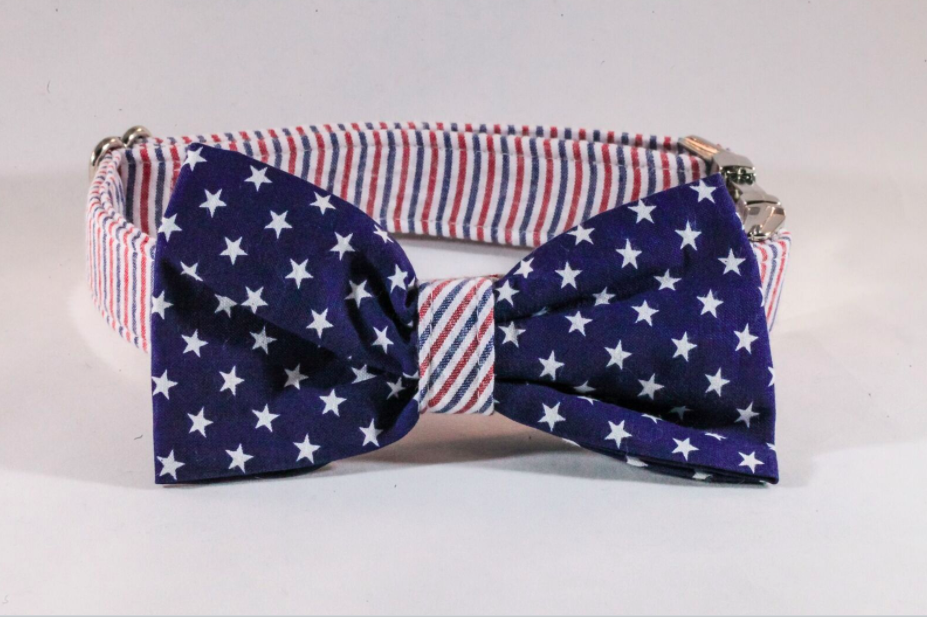 Preppy Red White And Blue Patriotic Pup Seersucker Bow Tie Dog Collar