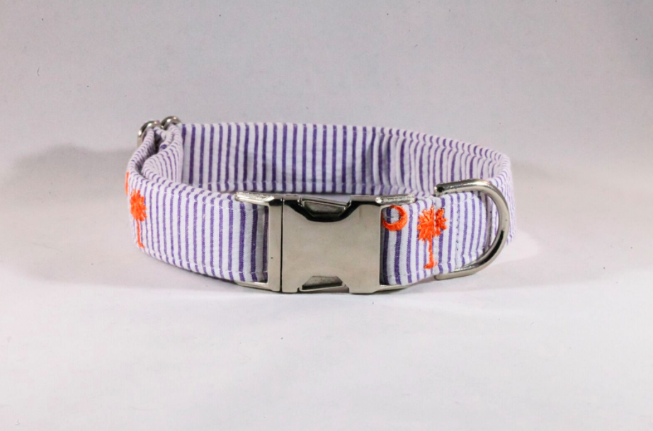 Preppy Purple And Orange Clemson Tigers Seersucker Dog Bow Tie Collar