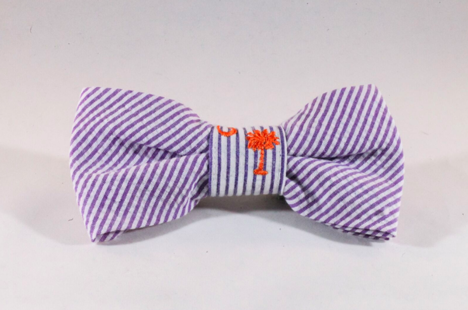 Preppy Purple And Orange Clemson Tigers Seersucker Dog Bow Tie