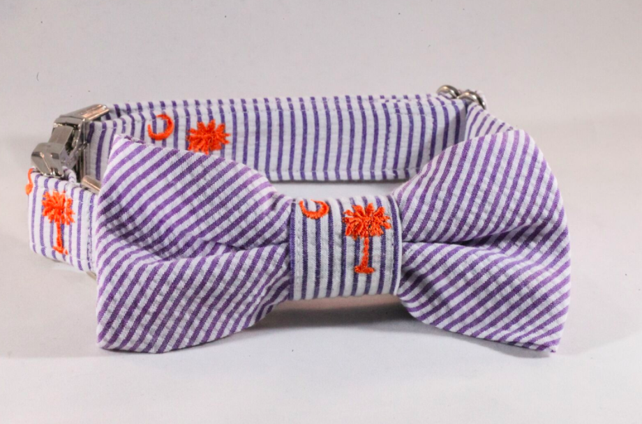 Preppy Purple And Orange Clemson Tigers Seersucker Dog Bow Tie Collar