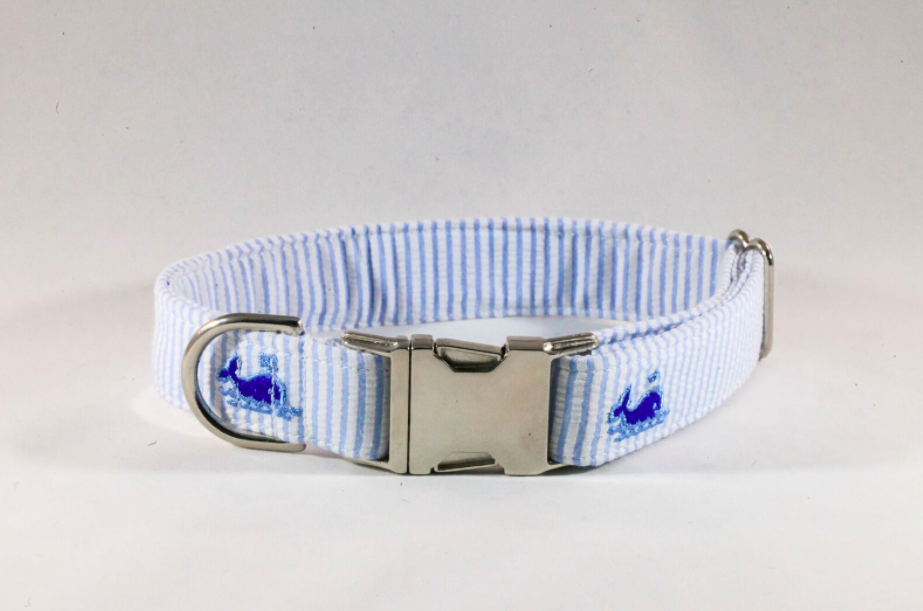 Preppy Blue Whale Seersucker Bow Tie Dog Collar