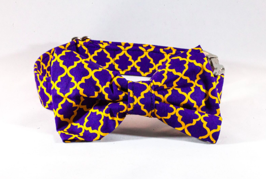 Preppy Purple And Gold LSU Quatrefoil Dog Bow Tie Collar