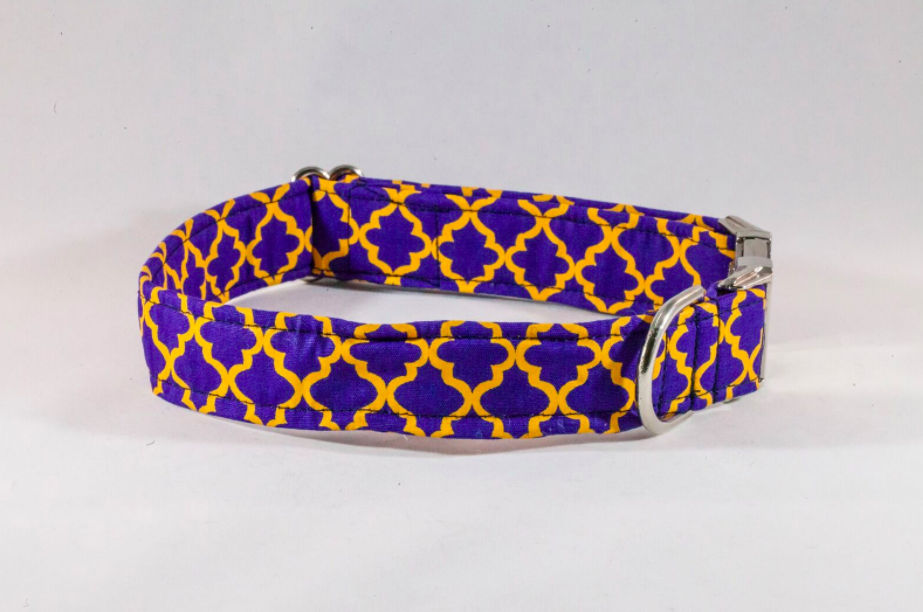 Preppy Purple And Gold LSU Quatrefoil Dog Bow Tie Collar