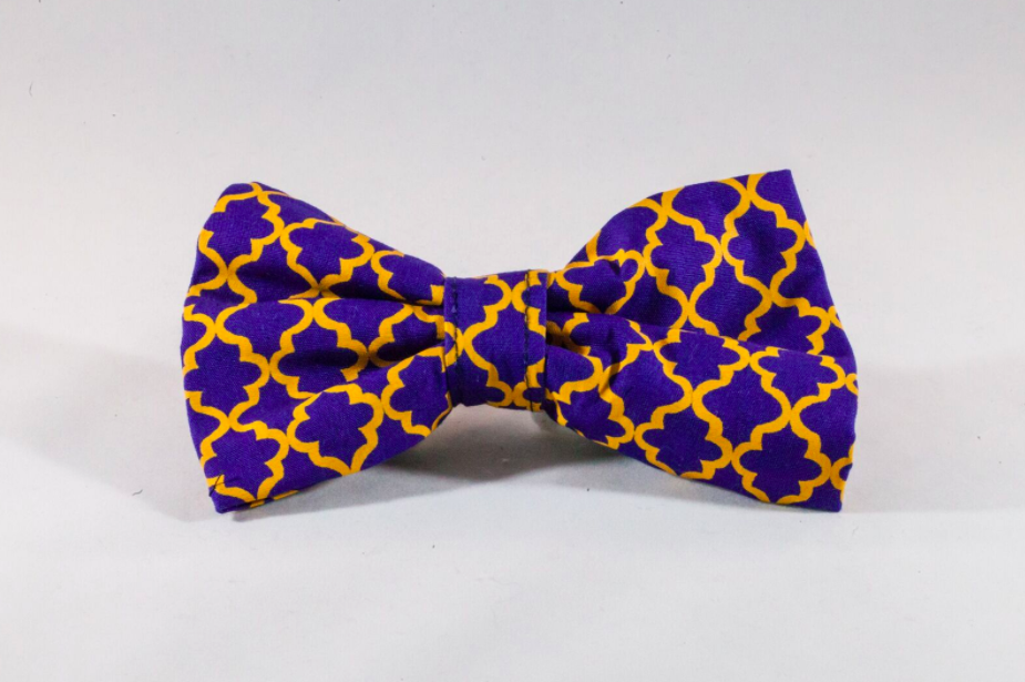 Preppy Purple And Gold LSU Quatrefoil Dog Bow Tie