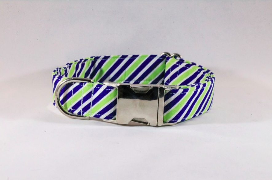 Navy Blue And Lime Striped Dog Collar