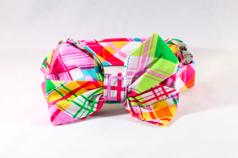 Preppy Pink And Yellow Madras Girl Dog Bow Tie Collar