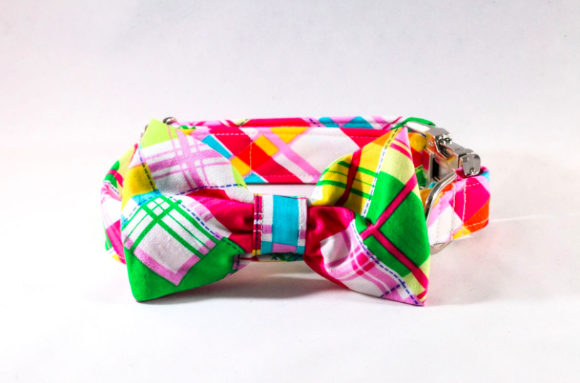 Preppy Pink And Yellow Madras Dog Bow Tie Collar