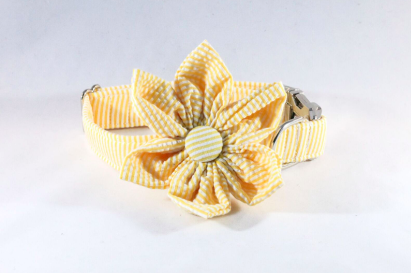 Preppy Yellow Seersucker Girl Dog Flower Bow Tie Collar