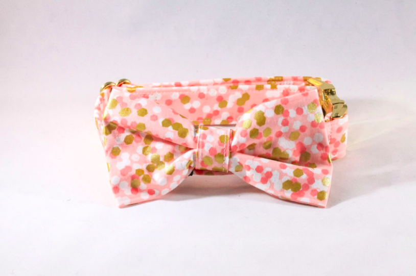 Champagne Pop Pink And Gold Polka Dot Dog Bow Tie Collar–Valentine’s Day