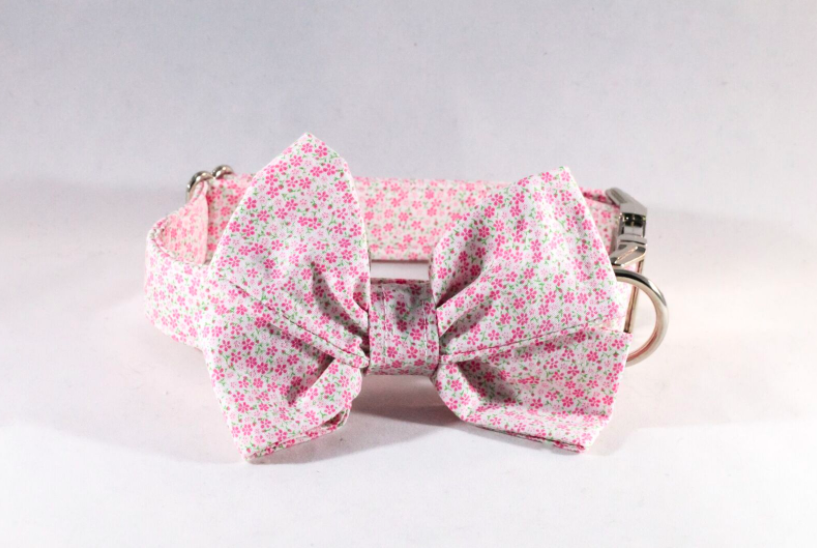 Pink Cherry Blossom Floral Girl Dog Bow Tie Collar