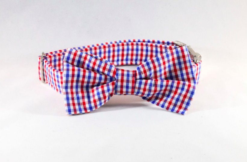 Preppy Red White And Blue Gingham Dog Bow Tie Collar, Ole Miss Rebels