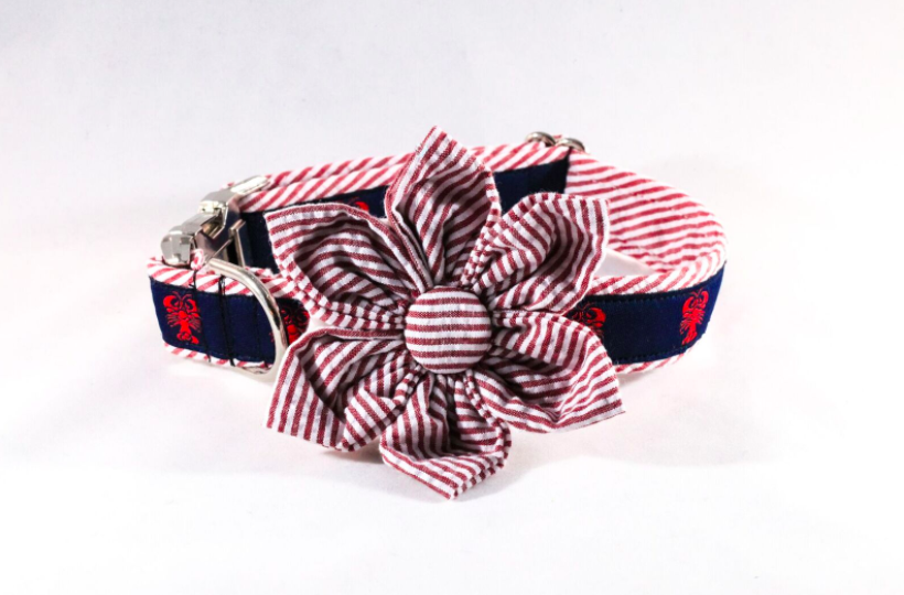 Preppy Seersucker Lobster Girl Dog Flower Bow Tie Collar