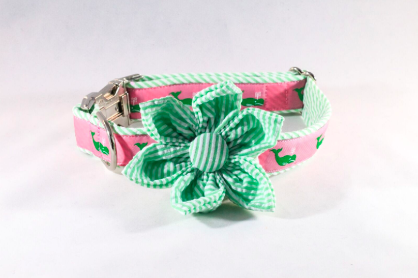 Seersucker Pink And Green Nantucket Whale Girl Dog Flower Bow Tie Collar