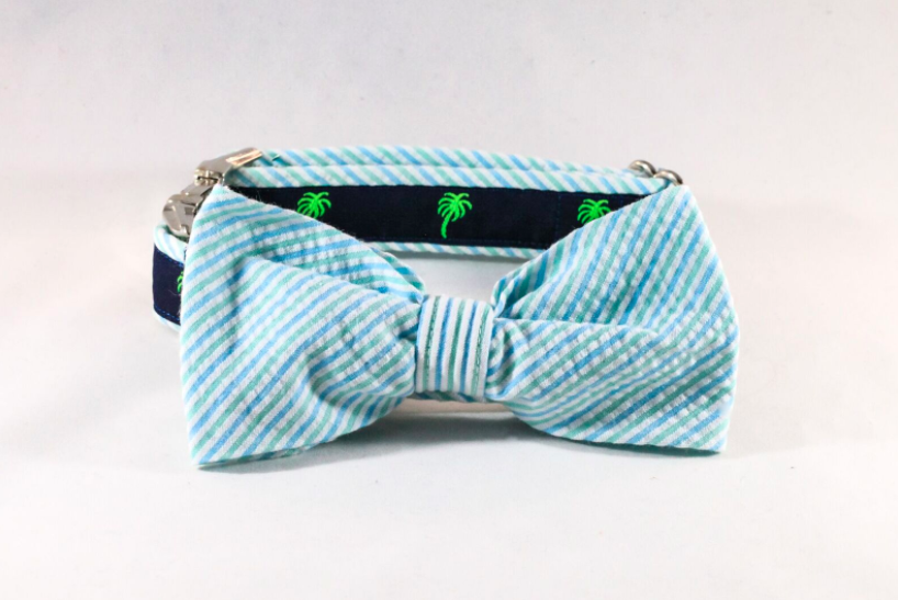 Seersucker Palmetto Palm Tree Dog Bow Tie Collar