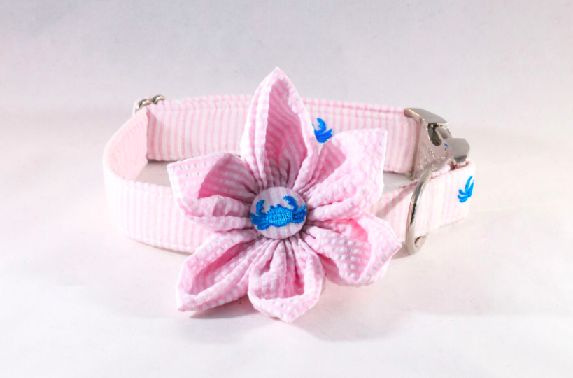 Preppy Pink Crab Seersucker Girl Dog Bow Tie Collar