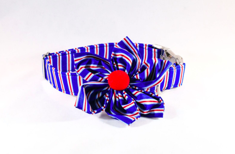 Preppy Red White And Blue Patriotic Stripes Girl Dog Flower Bow Tie Collar