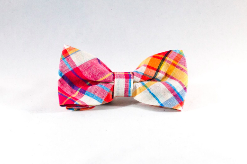 Preppy Pink And Orange Madras Dog Bow Tie