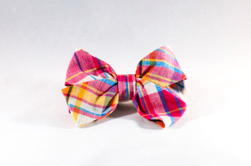 Preppy Pink And Orange Madras Girl Dog Bow Tie