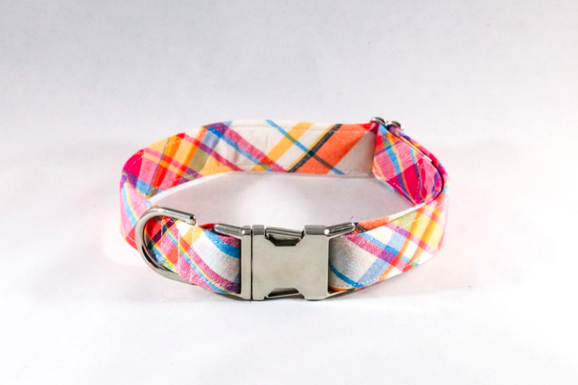 Preppy Pink And Orange Madras Girl Dog Flower Bow Tie Collar