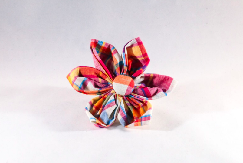 Preppy Pink And Orange Madras Girl Dog Flower Bow Tie