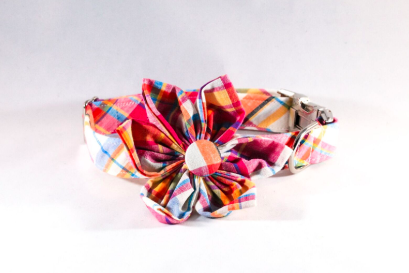 Preppy Pink And Orange Madras Girl Dog Flower Bow Tie Collar