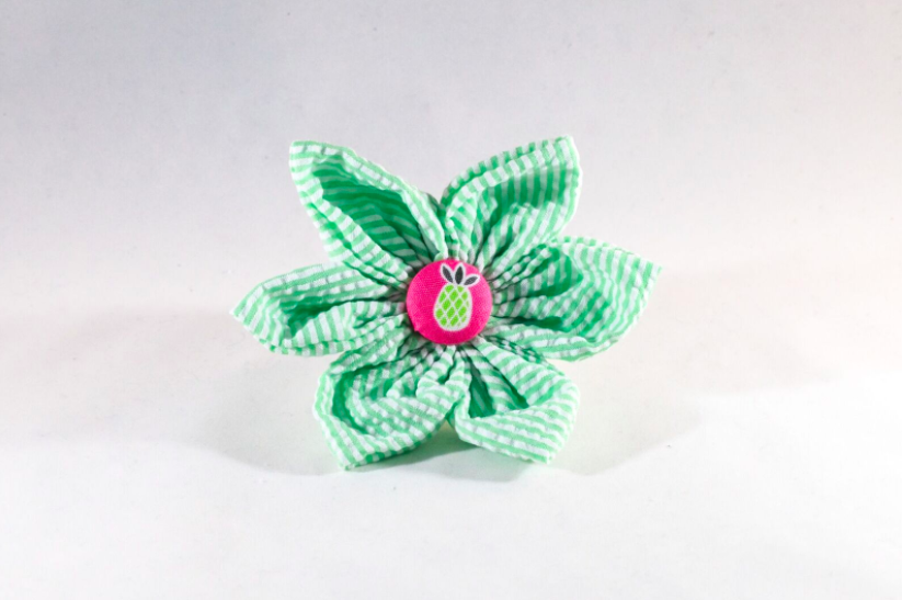 Pink And Green Seersucker Pineapple Girl Dog Flower Bow Tie