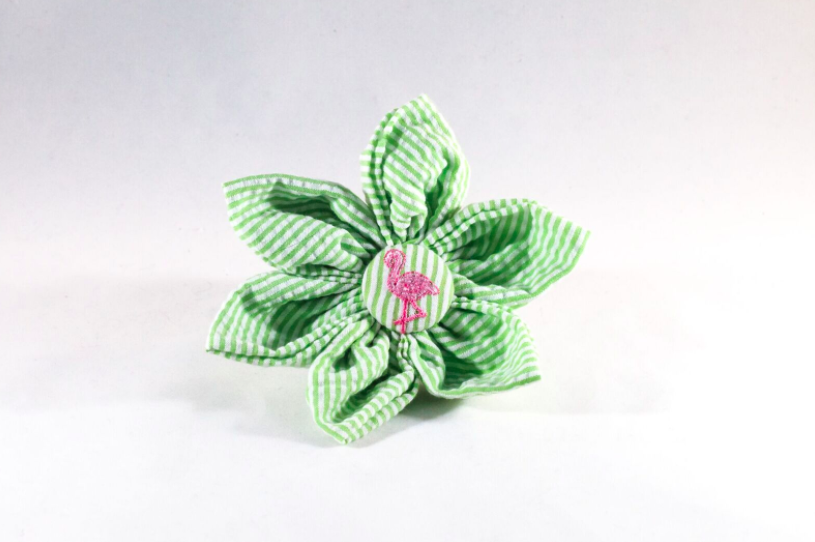 Preppy Green And Pink Flamingo Seersucker Girl Dog Flower Bow Tie