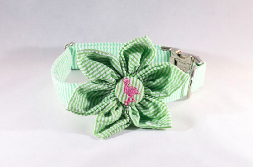 Preppy Green And Pink Flamingo Seersucker Girl Dog Flower Bow Tie Collar