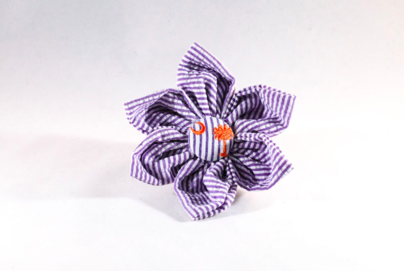 Preppy Purple And Orange Clemson Tigers Seersucker Girl Dog Flower Bow Tie