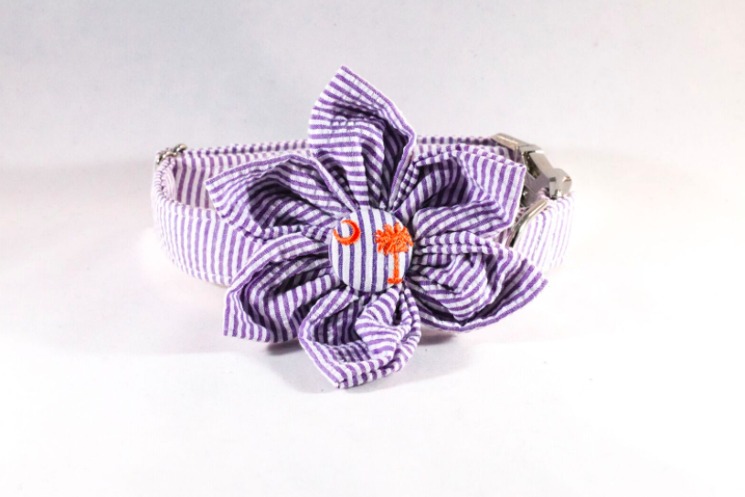 Preppy Purple And Orange Clemson Tigers Seersucker Girl Dog Flower Bow Tie Collar