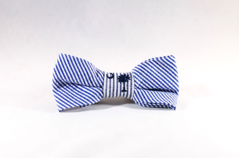 Preppy Navy Blue Palmetto Palm Tree Seersucker Dog Bow Tie Collar