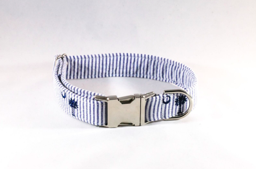 Preppy Navy Blue Palmetto Palm Tree Seersucker Dog Collar