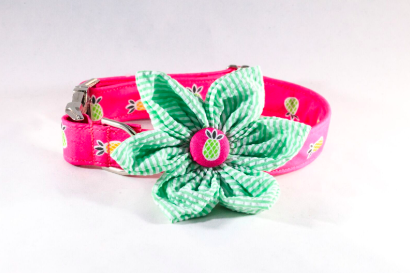 Pink And Green Seersucker Pineapple Girl Dog Flower Bow Tie Collar