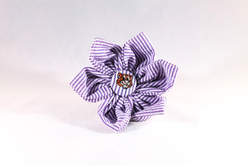 Preppy Purple And Gold LSU Tiger Seersucker Girl Dog Flower Bow Tie