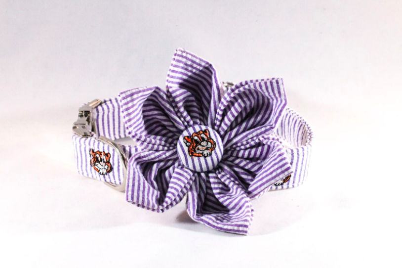 Preppy Purple And Gold LSU Tiger Seersucker Girl Dog Flower Bow Tie