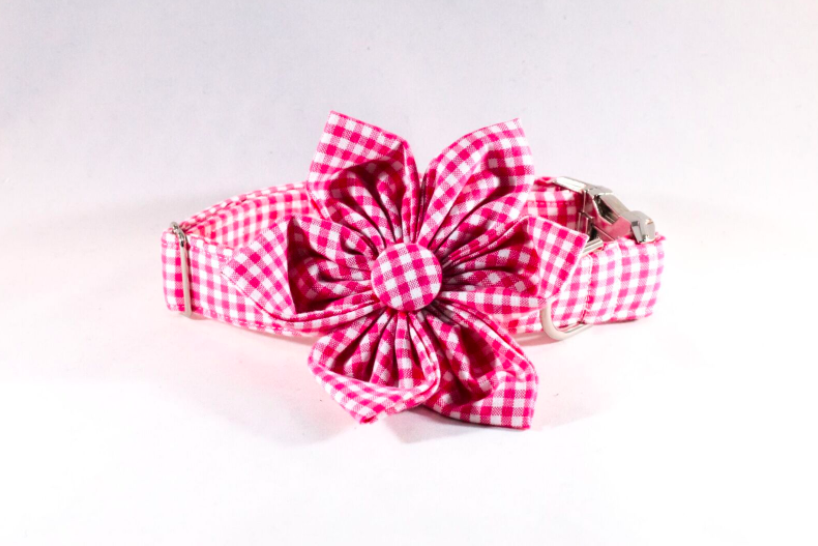 Preppy Hot Pink Gingham Girl Dog Flower Bow Tie Collar