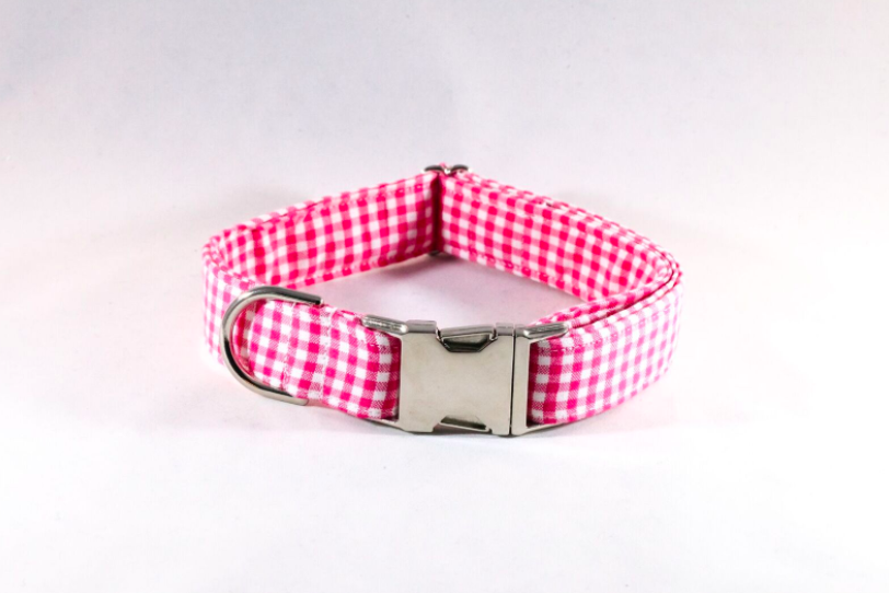 Preppy Hot Pink Gingham Bow Tie Dog Collar