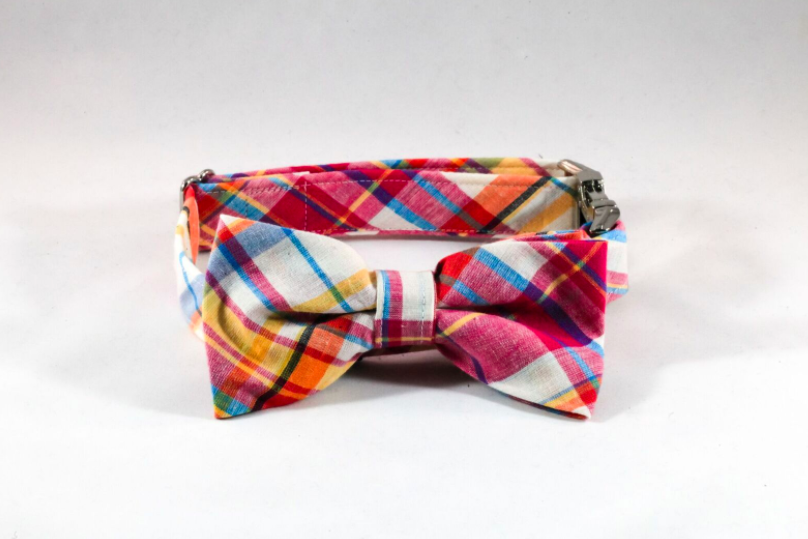 Preppy Pink And Orange Madras Dog Bow Tie Collar