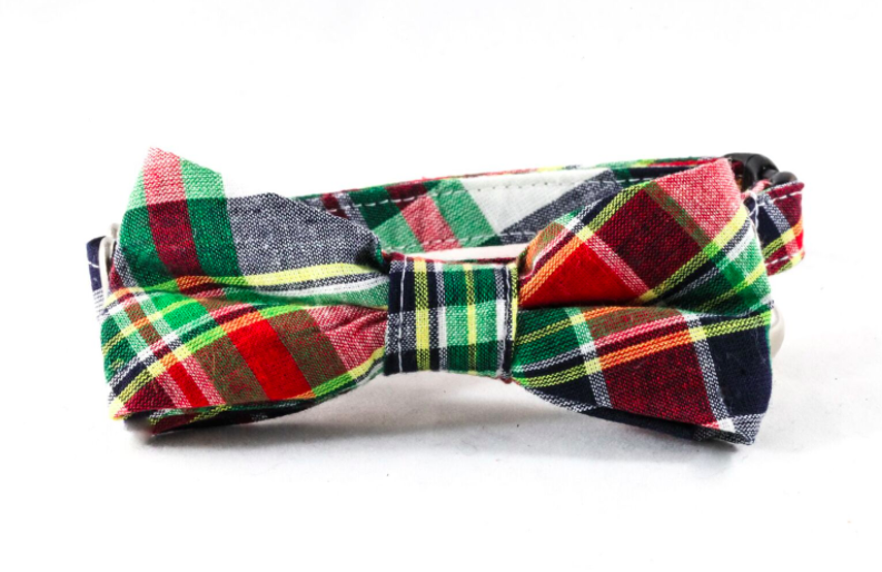 Preppy Navy Blue Madras Bow Tie Kitty Cat Collar